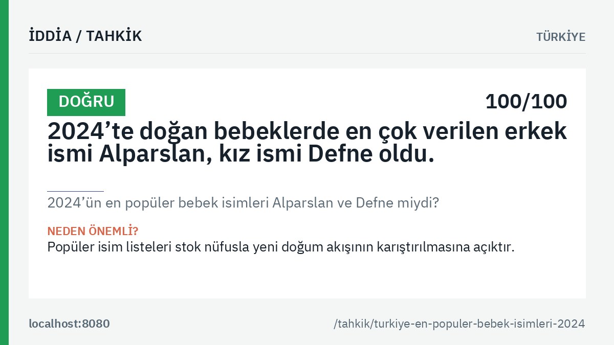 «2024’ün en popüler bebek isimleri Alparslan ve Defne miydi?» tahkikinin ana görseli: genel hüküm etiketi, tahkik edilen iddia metni ve kalıcı bağlantı.